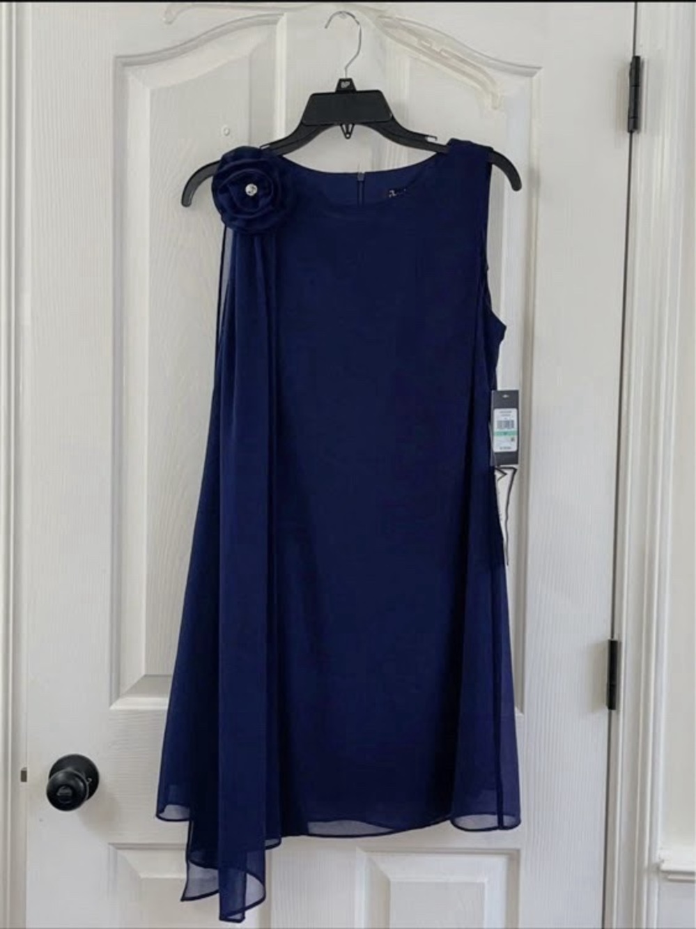 Jessica Howard Navy Blue attached Flower with drape  Dress NWT